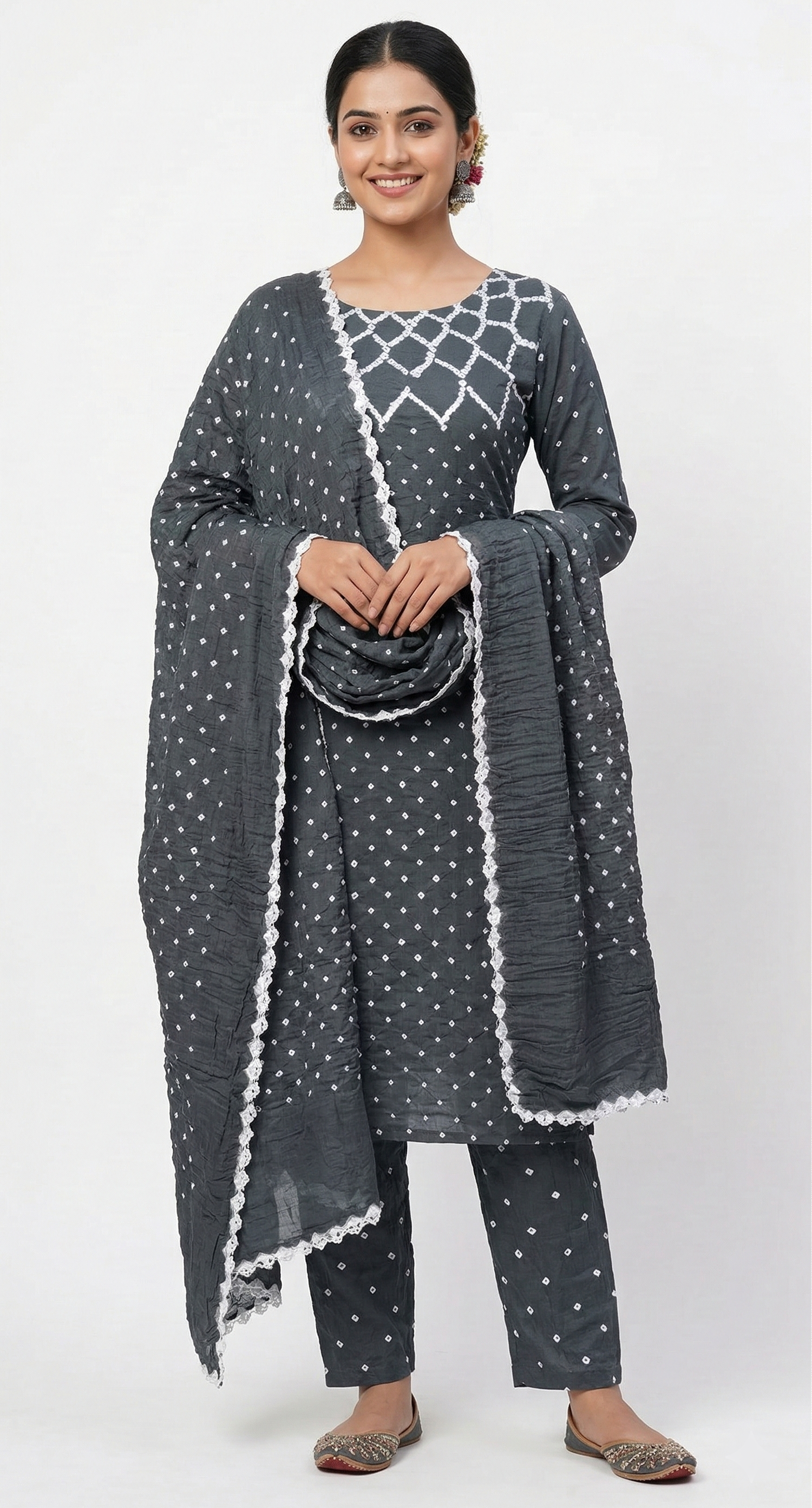 Dark Grey Bandhani Dress Handmade from Bhuj Kutch Gujarat - AHVAN