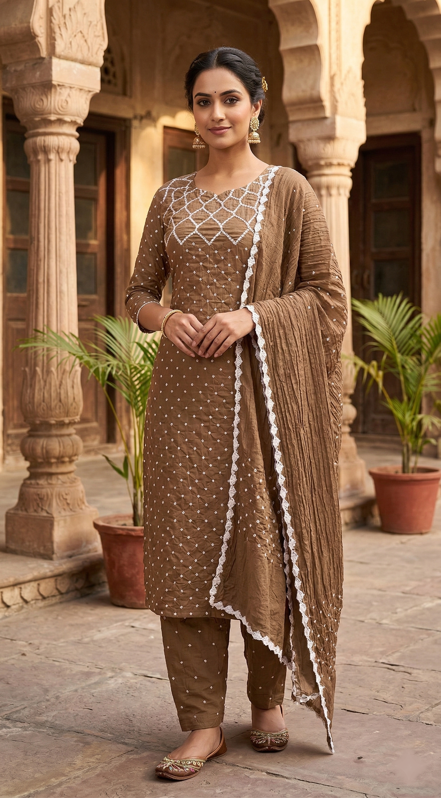 Light Khakhi Bandhani Dress Handmade from Bhuj Kutch Gujarat - AHVAN
