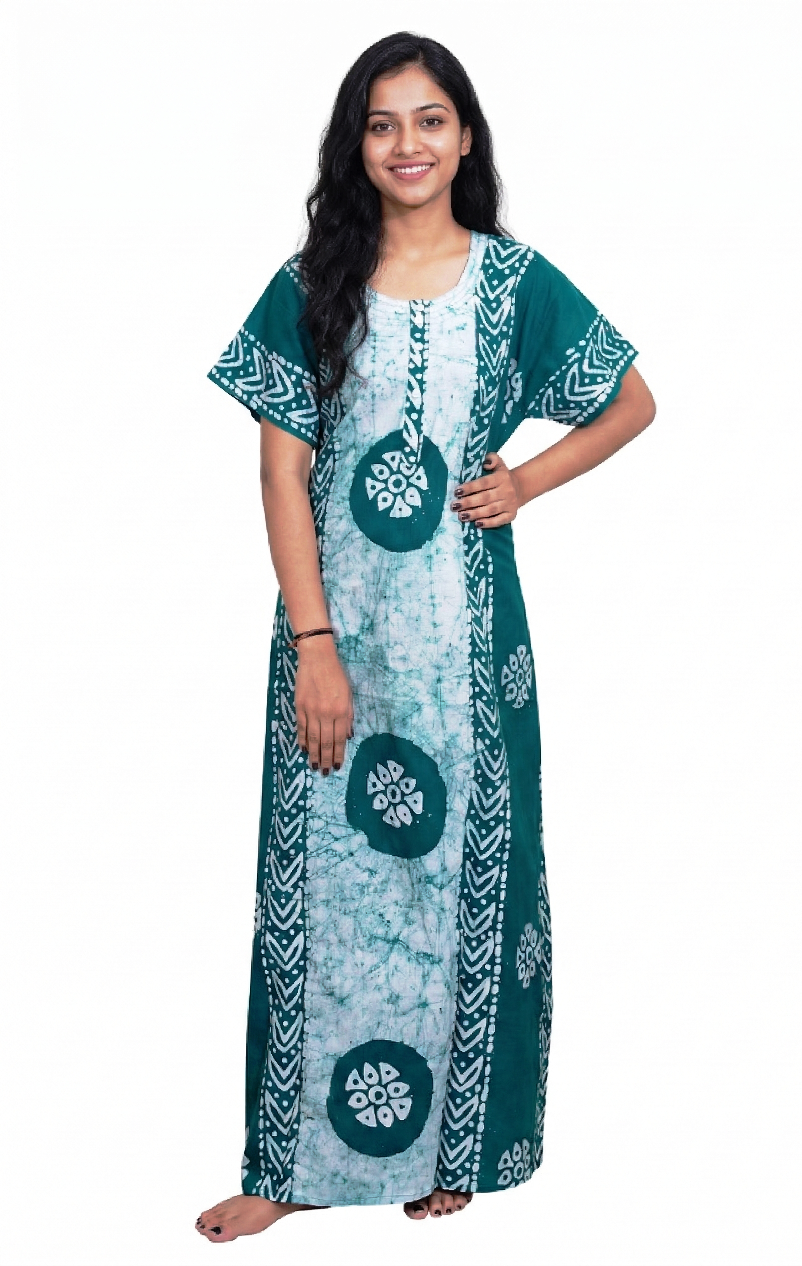 Green Gola Batik Nighty Maxi Handmade from Bhuj Kutch Gujarat - AHVAN