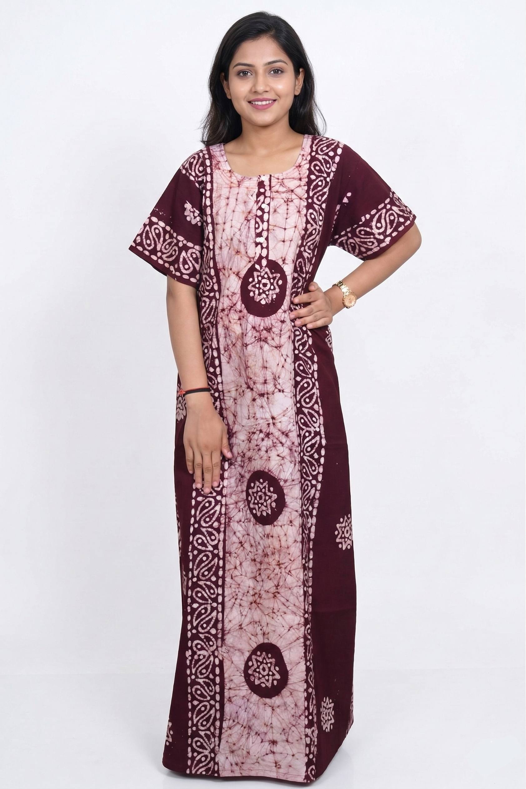 Brown Gola Batik Nighty Maxi Handmade from Bhuj Kutch Gujarat - AHVAN