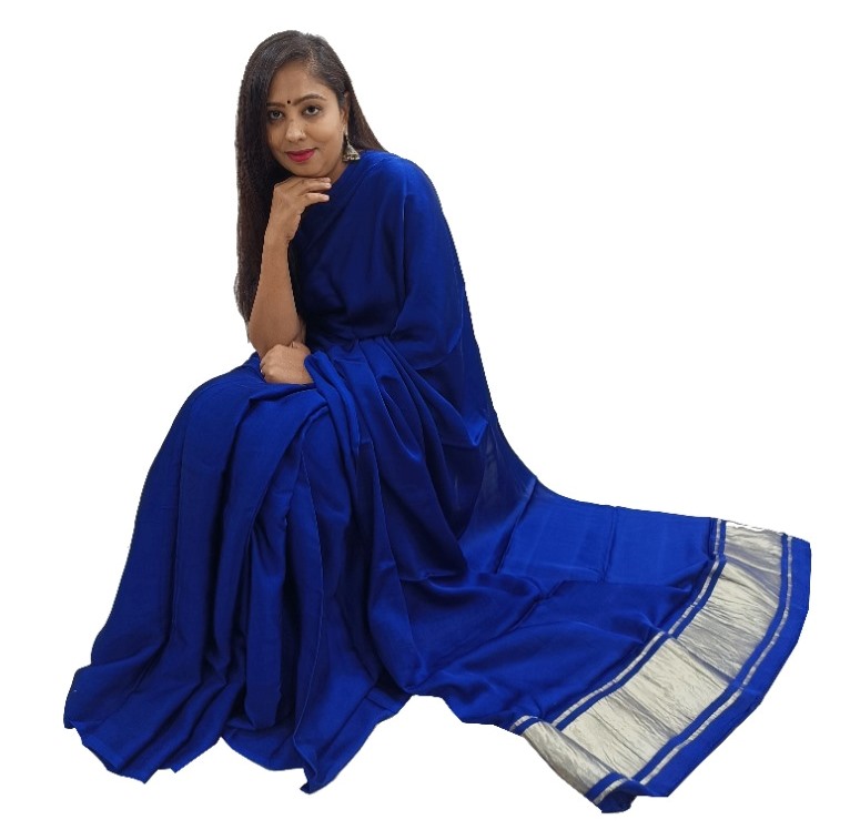 Plain Blue Modal Silk Saree - AHVAN Handicrafts
