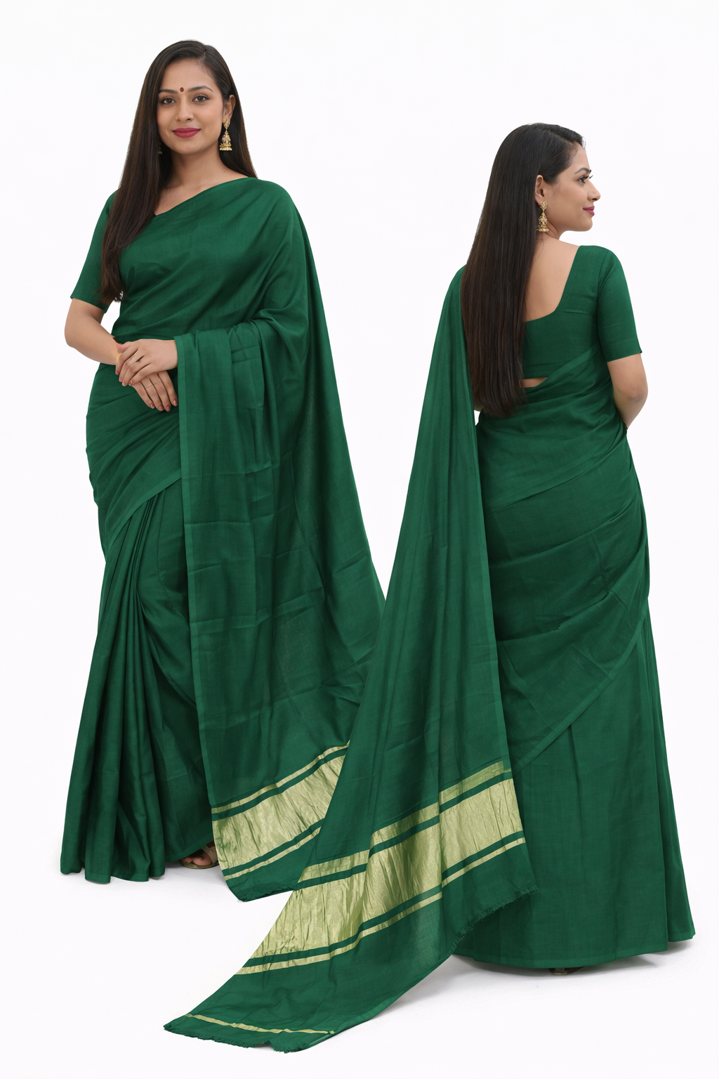 Plain Green Modal Silk Saree Handmade from Bhuj Kutch Gujarat - AHVAN