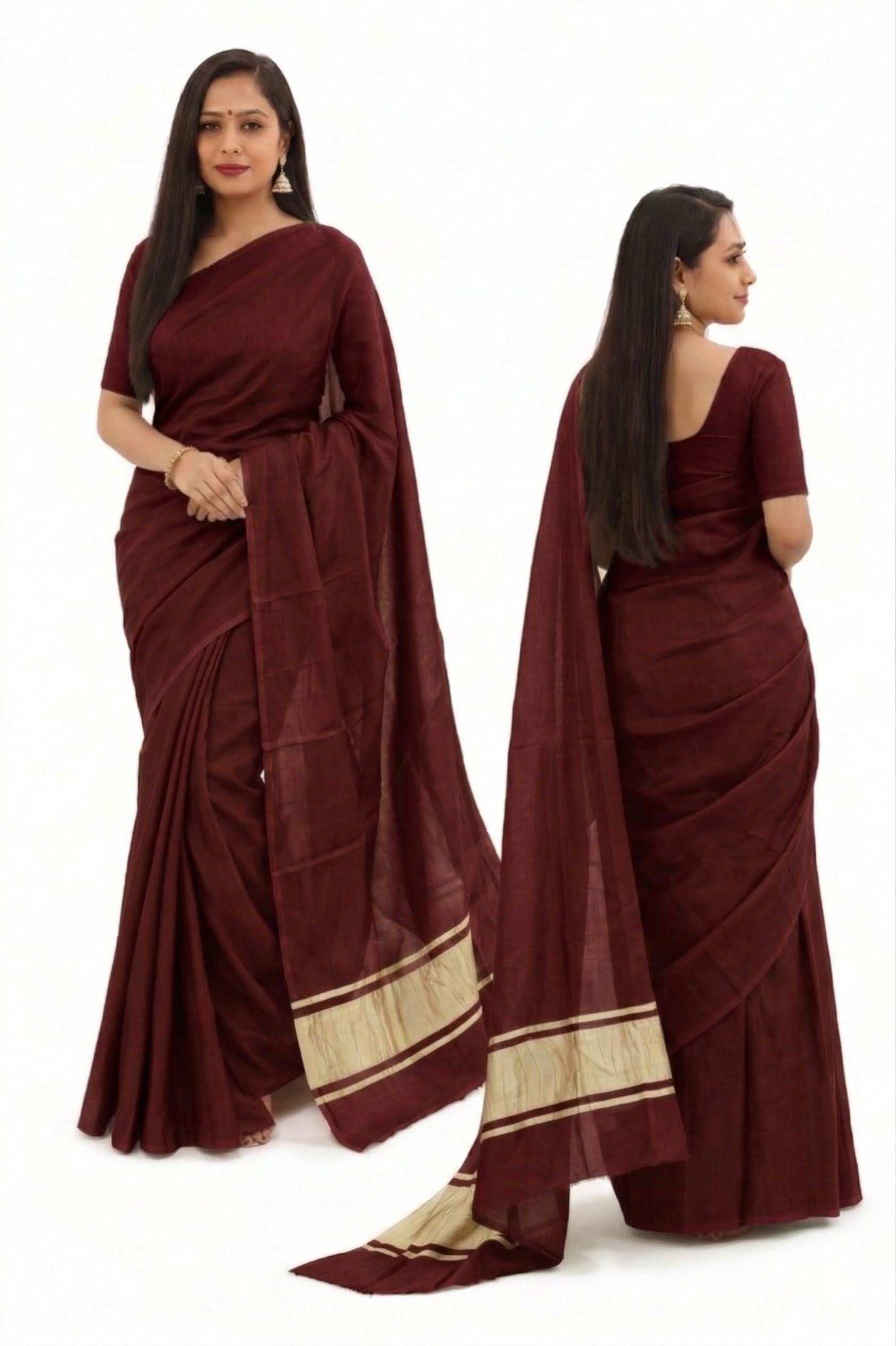 Plain Maroon Modal Silk Saree Handmade from Bhuj Kutch Gujarat - AHVAN