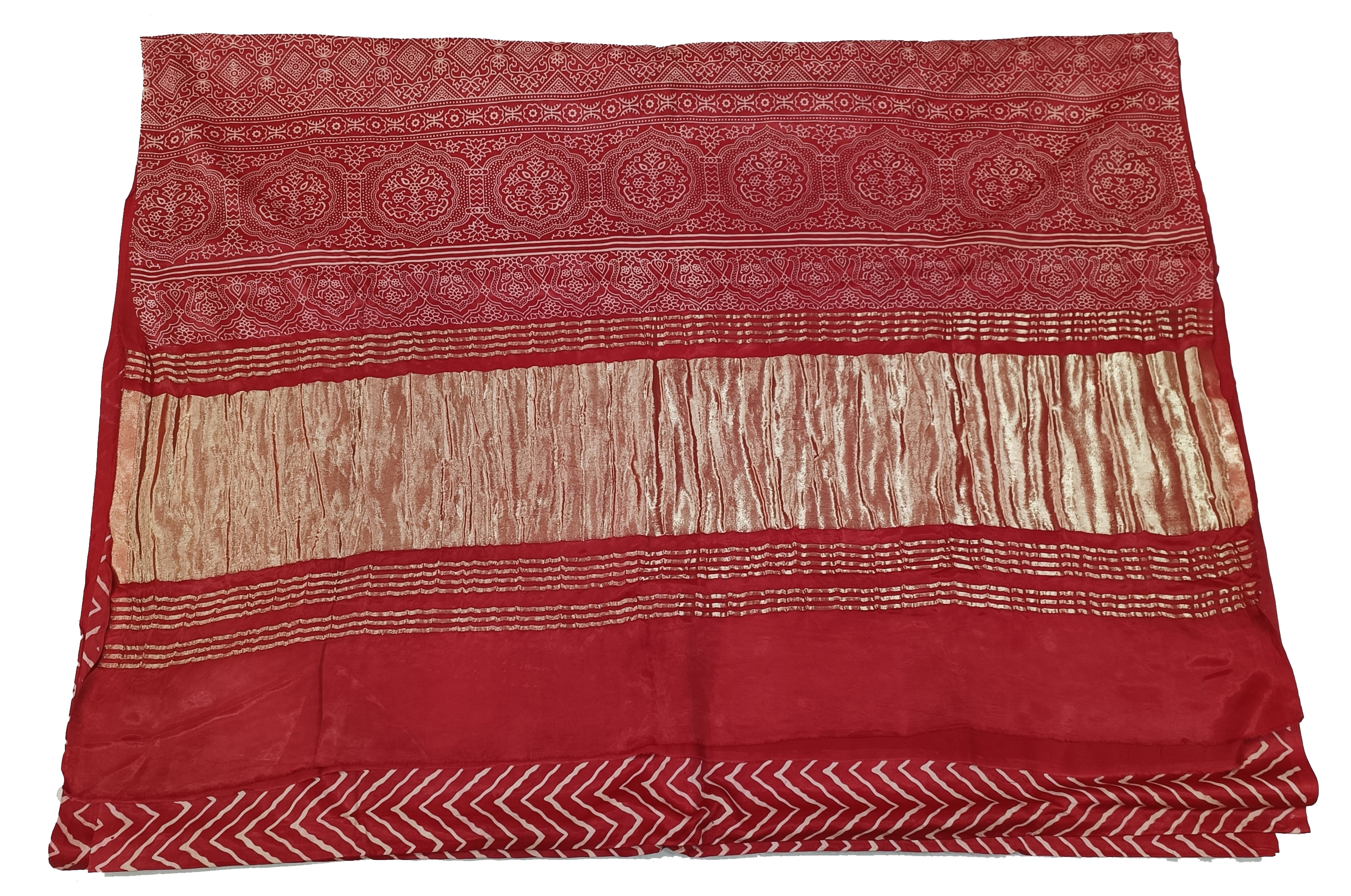 Lariya Print Red Modal Silk Saree Handmade from Bhuj Kutch Gujarat - AHVAN